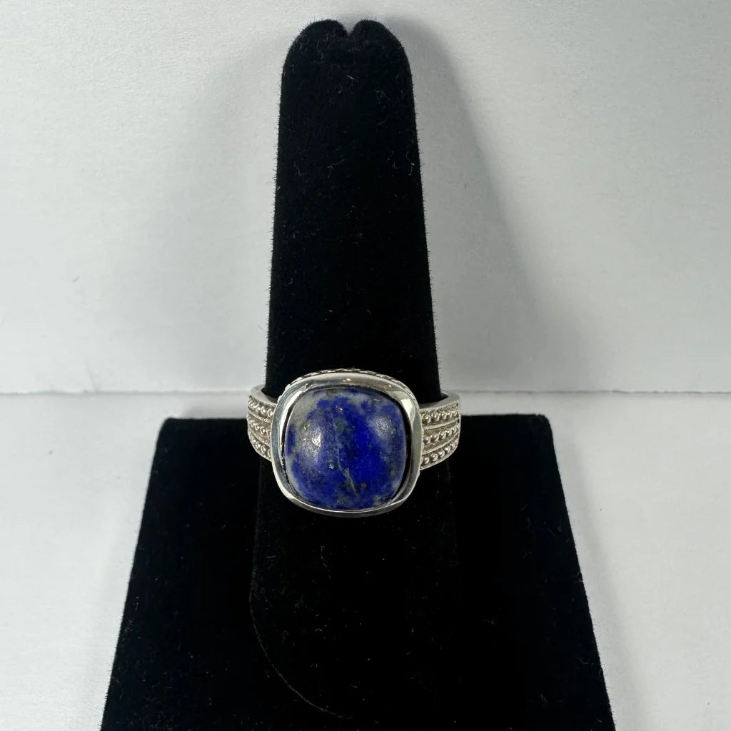 Stunning silver lapis lazuli ring with square blue stone and marcasite band