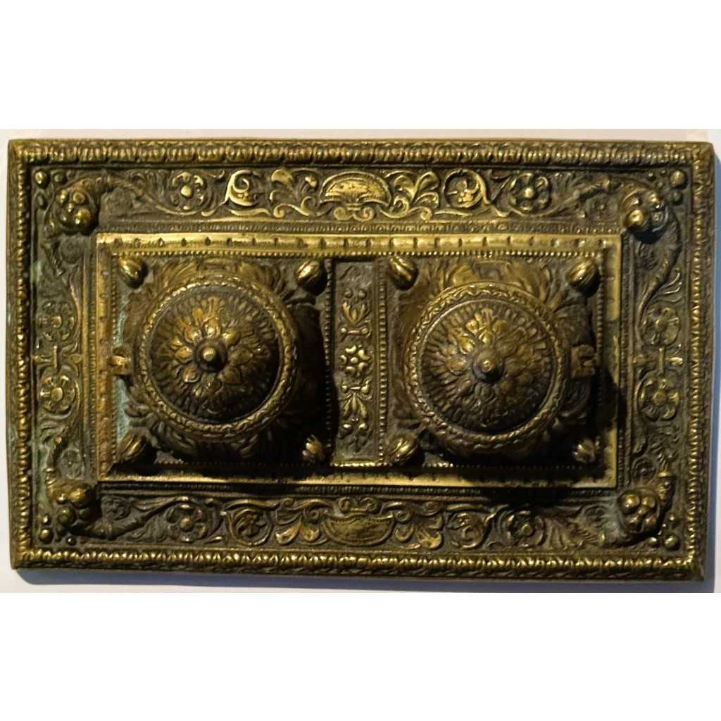 Ornate brass decorative plaque on stunning late 19th century double inkwell desk accessory