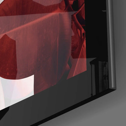 Sleek modern glass wall art with translucent leaf design and vibrant red imagery