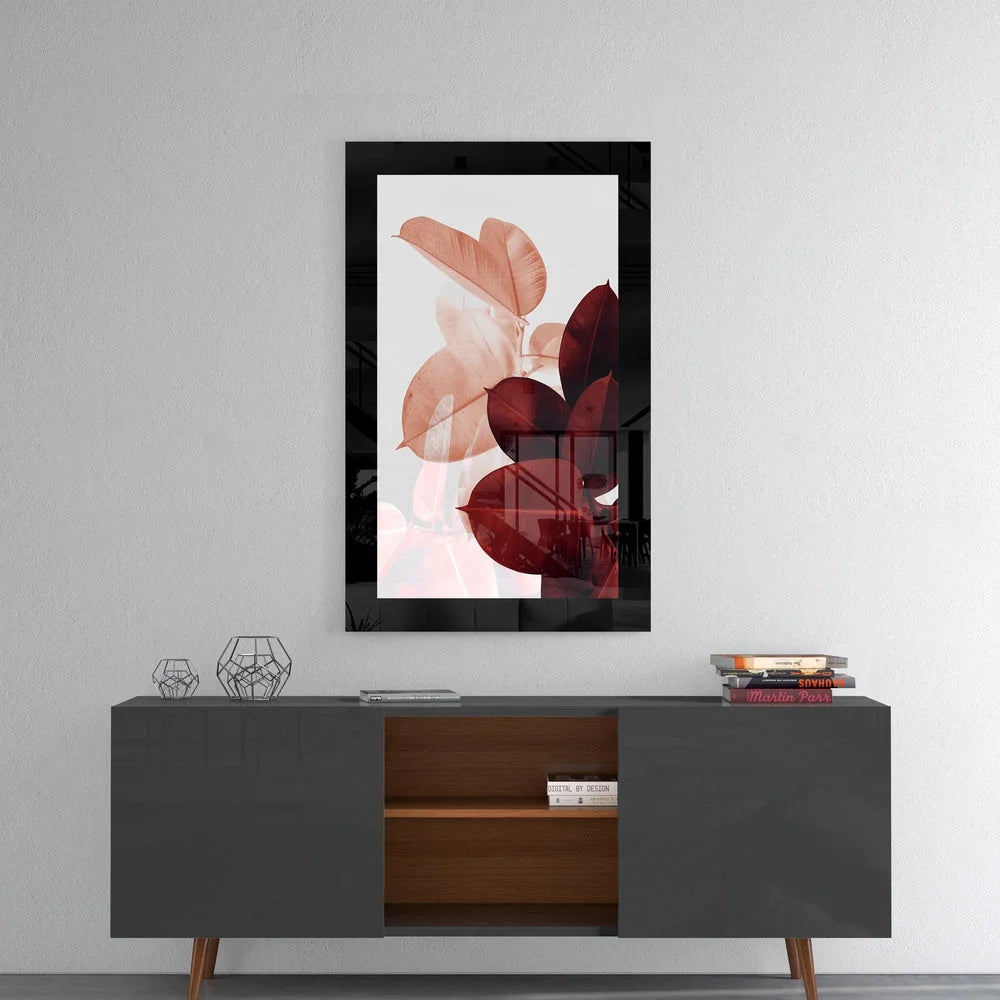 Stunning layered glass wall art with translucent overlapping leaves in peach and burgundy