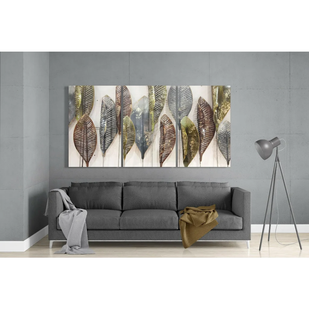 Modern abstract leaf wall art in muted earth tones, textured canvas