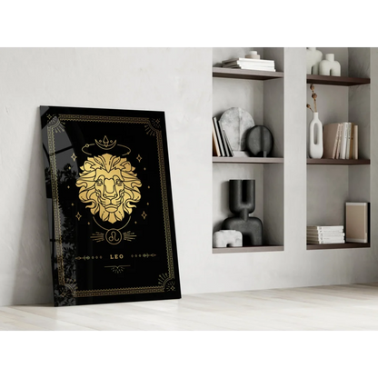 Stunning Leo glass wall art with golden lion head and ornate borders