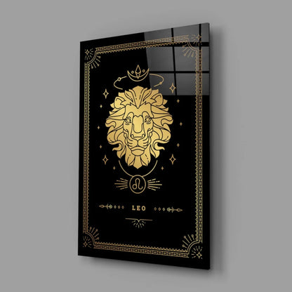 Stunning golden lion head on black glass wall art with Leo below