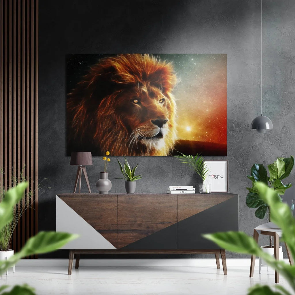 Vibrant lion art print on brushed aluminium dibond canvas
