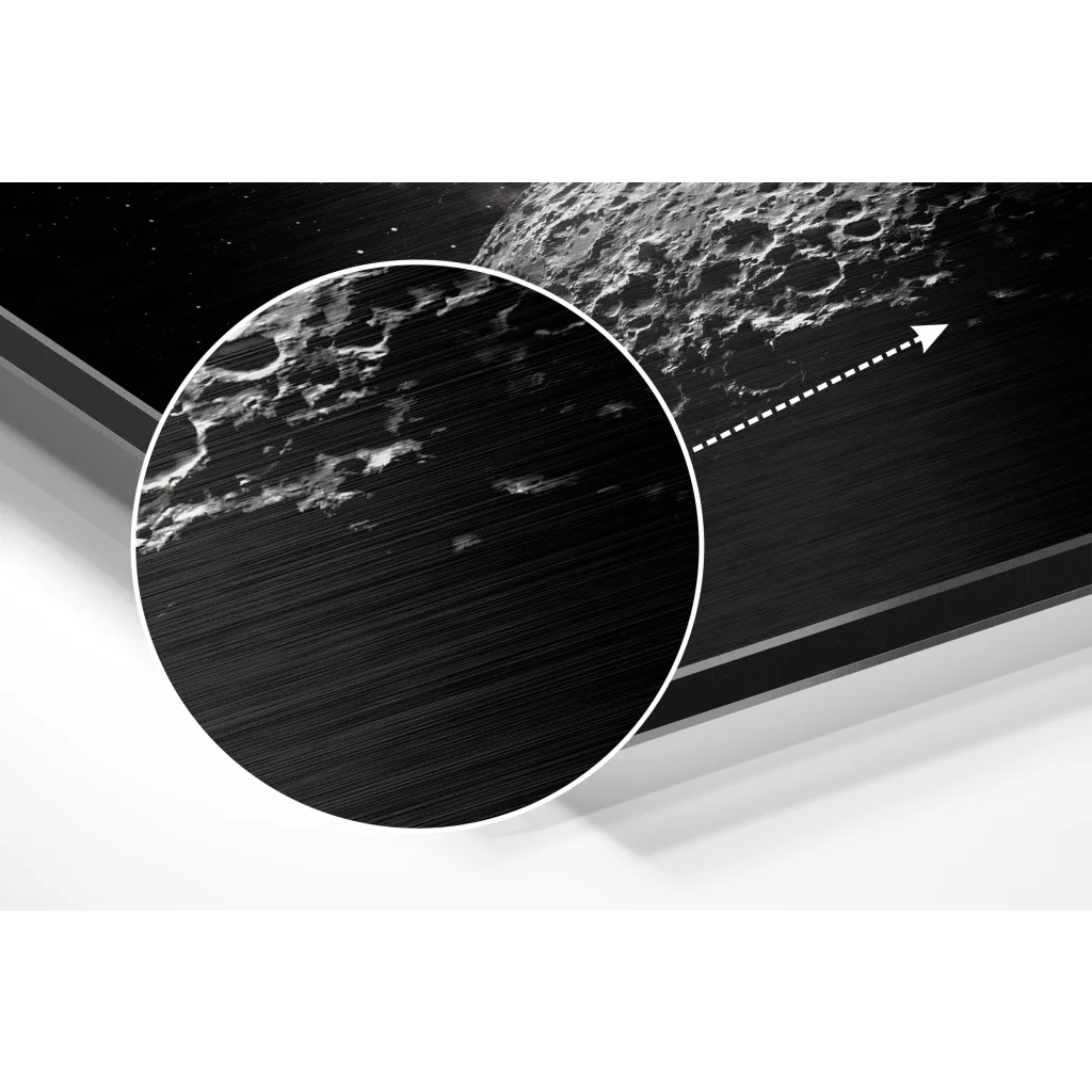 Black brushed aluminium dibond TV frame with textured close-up
