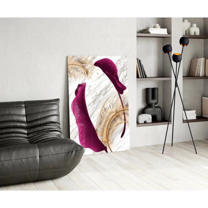 Modern magenta calla lily wall art print with gold textured leaves on white