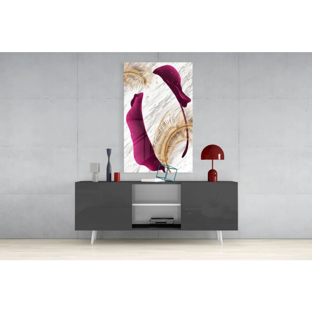 Modern gray sideboard with white legs under magenta calla lily wall art