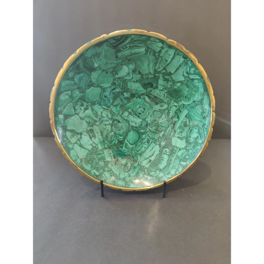 Stunning malachite decorative bowl with gold scalloped rim