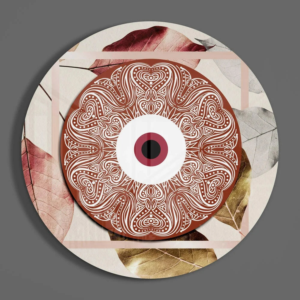 Stunning mandala tempered glass art plate with eye design on brown background
