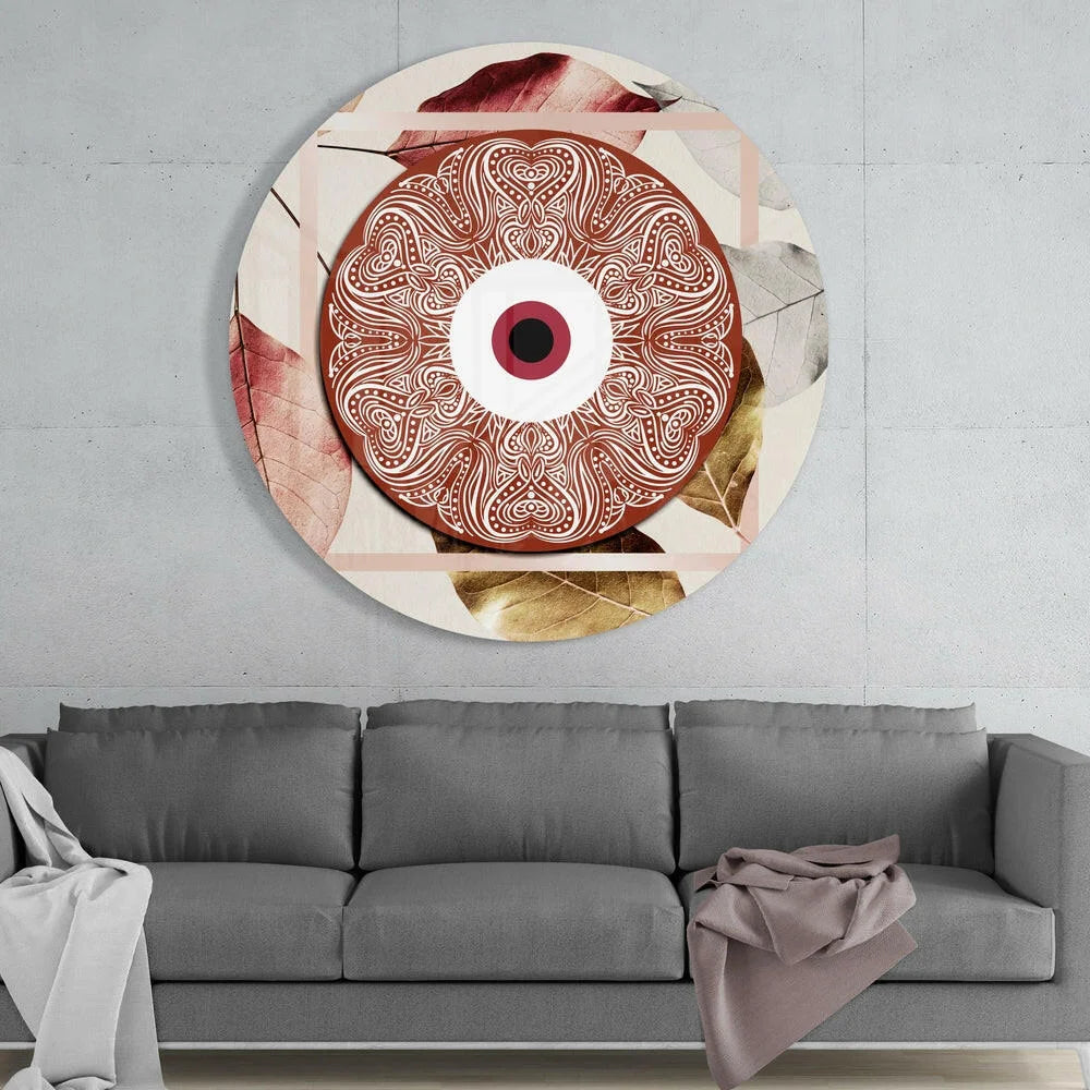 Stunning red white mandala tempered glass art with eye and leaf motifs