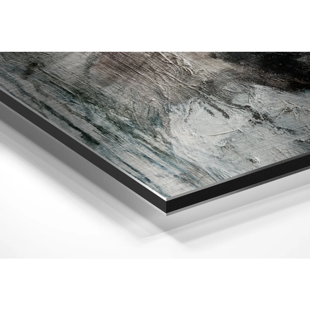 Sleek black and white marble print coffee table on brushed aluminium dibond panel