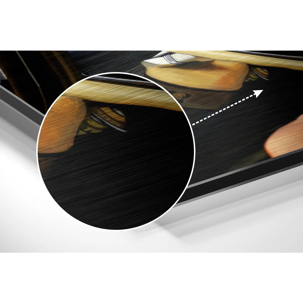 glass wall art Black leather guitar pick holder with gold accents on brushed aluminium dibond