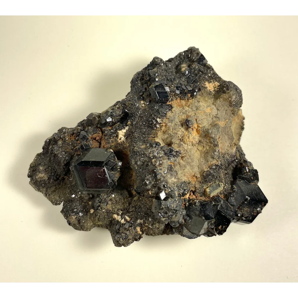 Stunning melanite garnet cluster with black cubic crystals in gray-brown matrix from Mali, Africa