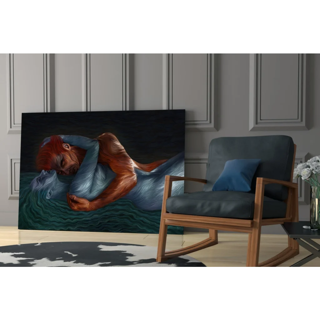 Modern mermaid glass wall art with red hair and orange tail on water