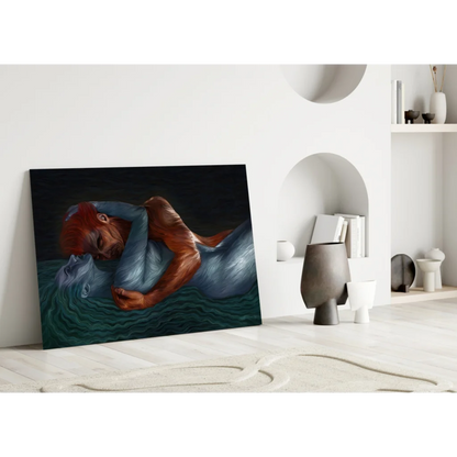 Stunning mermaid wall art print with red hair and blue tail