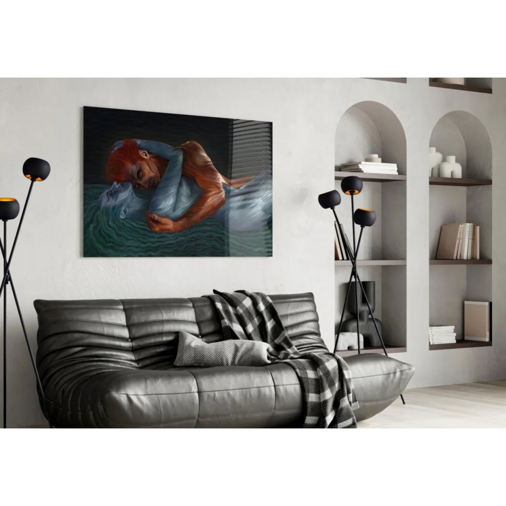 Stunning mermaid glass wall art with red hair and blue tail