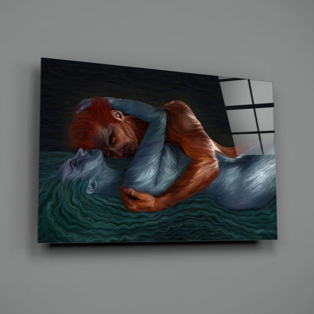 Mermaid with red hair and blue tail hugging man underwater wall art