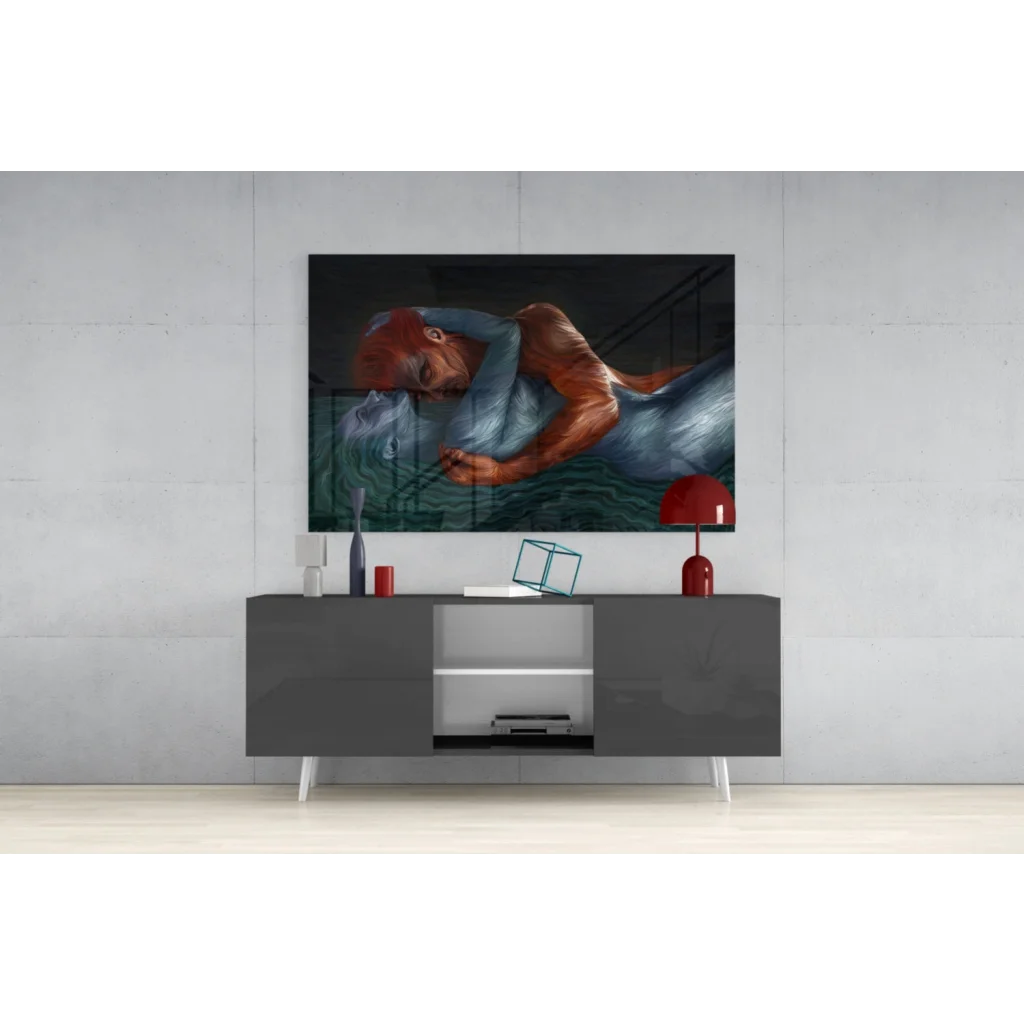 Stunning mermaid glass wall art with red hair and blue tail