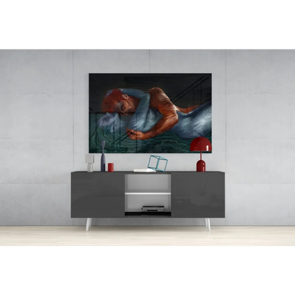Stunning mermaid glass wall art with red hair and blue tail
