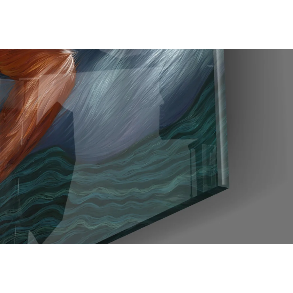 Stunning mermaid glass wall art with red hair blue tail waves sky