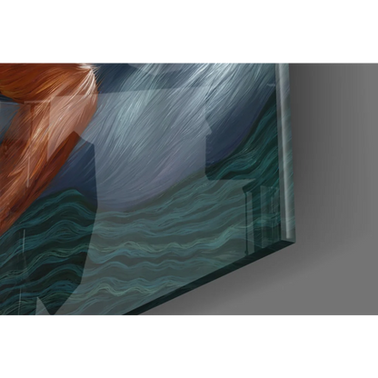 Stunning mermaid glass wall art with red hair blue tail waves sky
