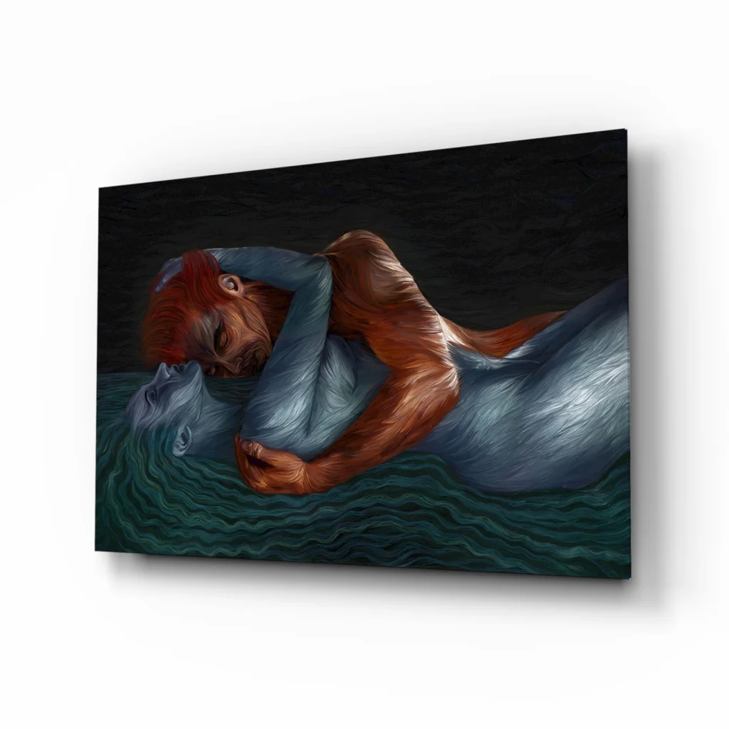 Stunning red-haired mermaid wall art with blue tail and flowing hair