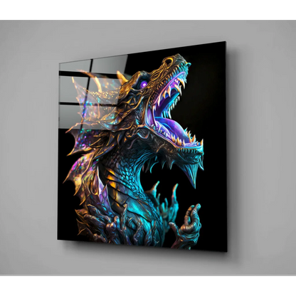 Stunning blue green metallic dragon glass wall art with glowing eyes
