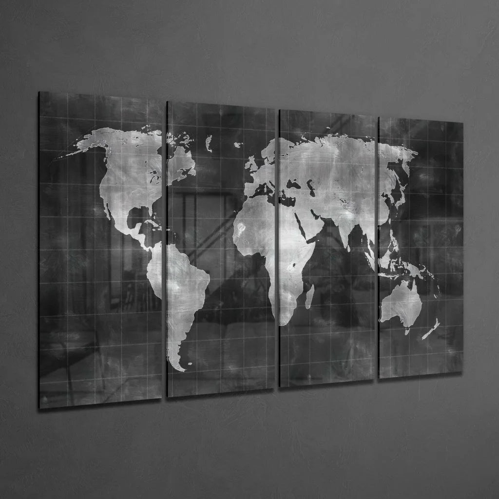 Stunning black and white 4-panel glass wall art world map