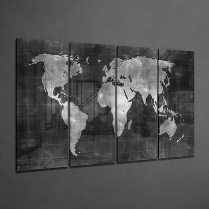 Stunning black and white 4-panel glass wall art world map