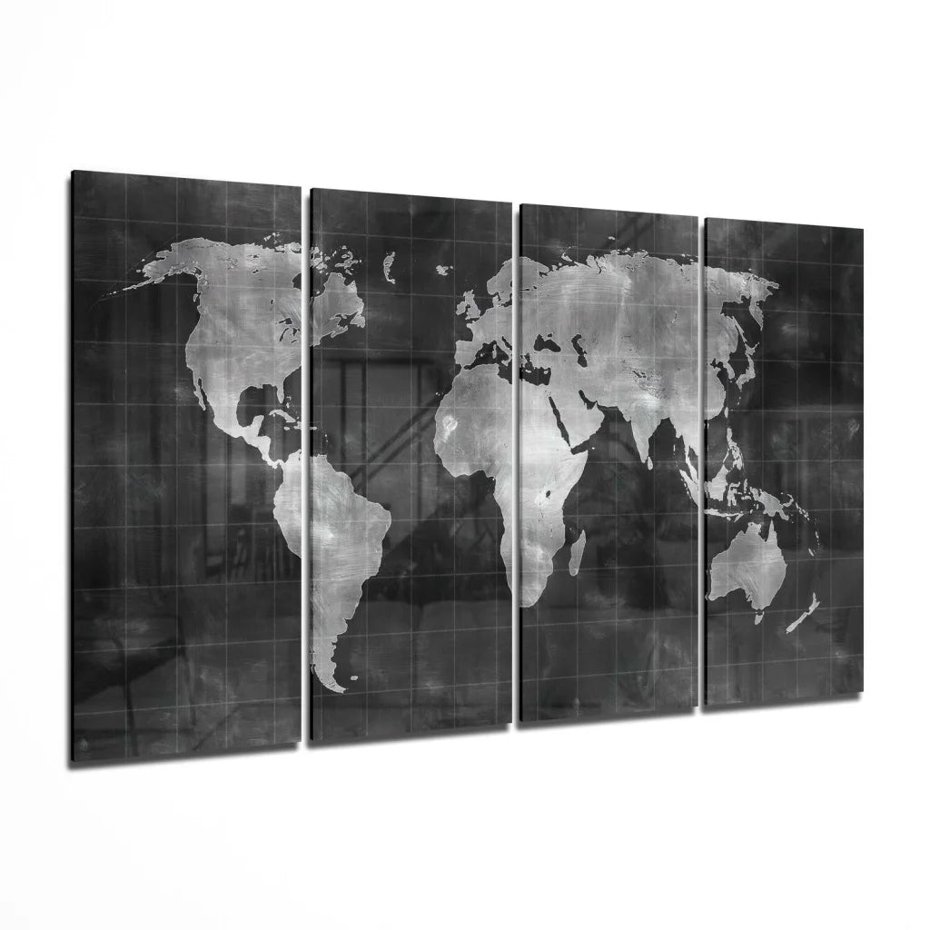 Black and white metallic glass wall art world map in four panels