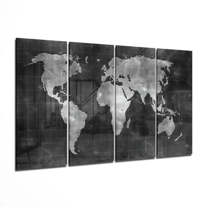Black and white metallic glass wall art world map in four panels
