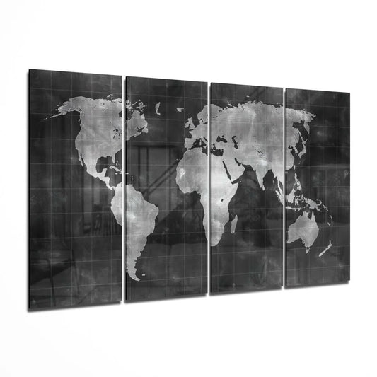 Black and white metallic glass wall art world map in four panels