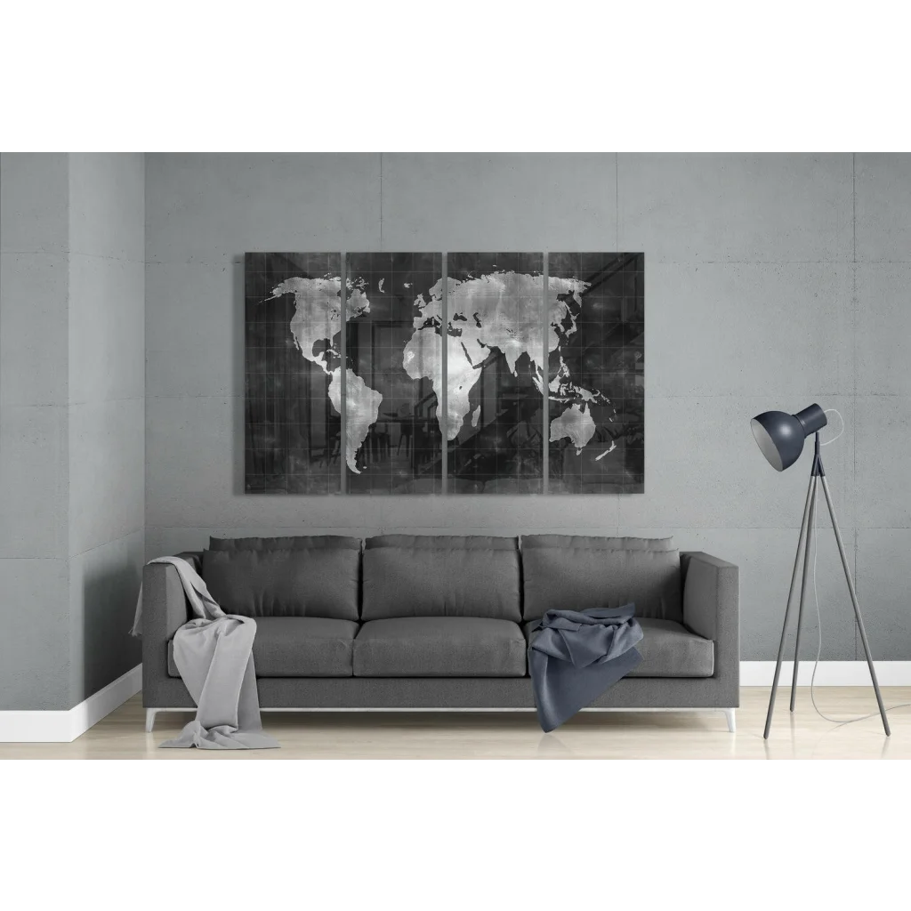 Stunning black and white metallic glass wall art world map
