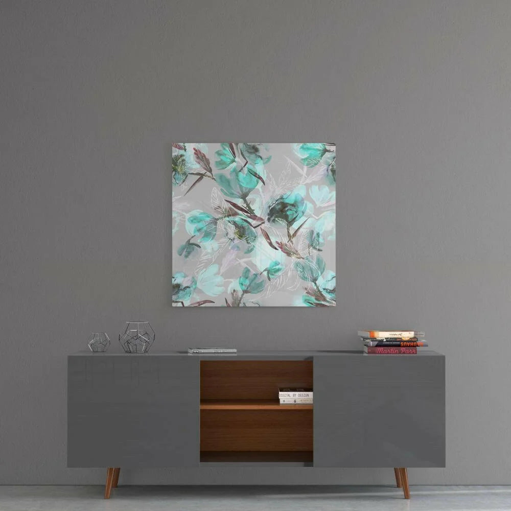 Gray modern sideboard with copper legs under mint teal floral glass wall art