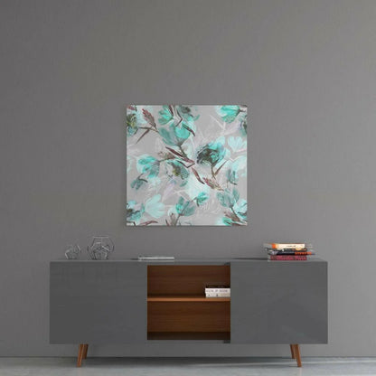 Gray modern sideboard with copper legs under mint teal floral glass wall art