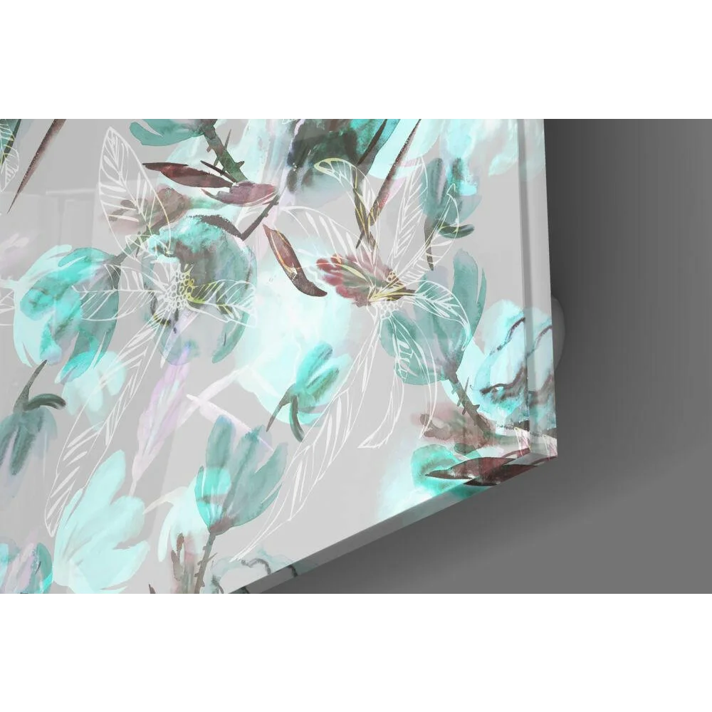 Stunning mint teal floral glass wall art with glossy shine