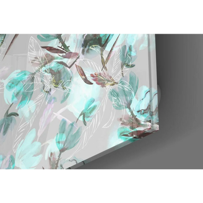 Stunning mint teal floral glass wall art with glossy shine