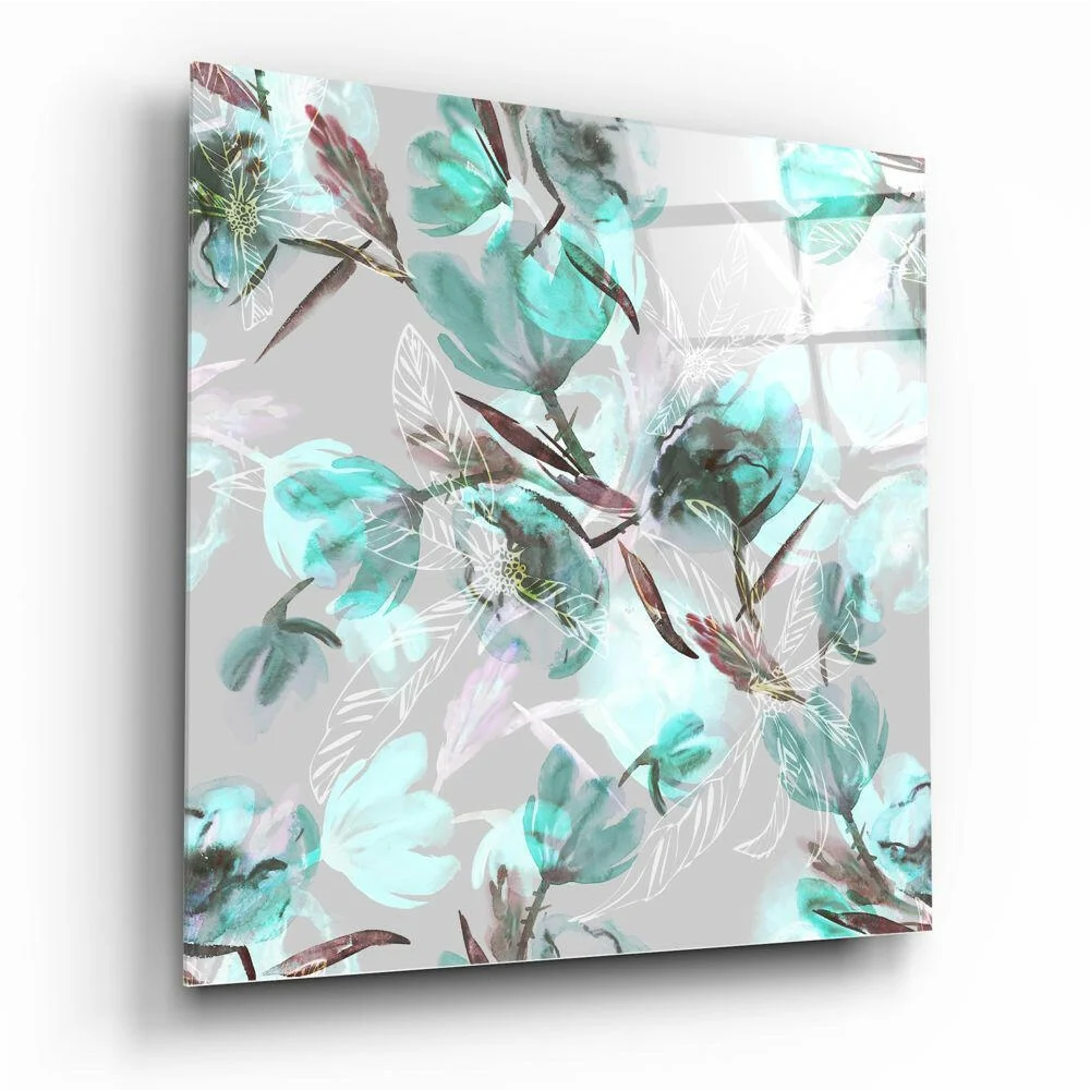 Stunning mint teal floral glass wall art with glossy shine