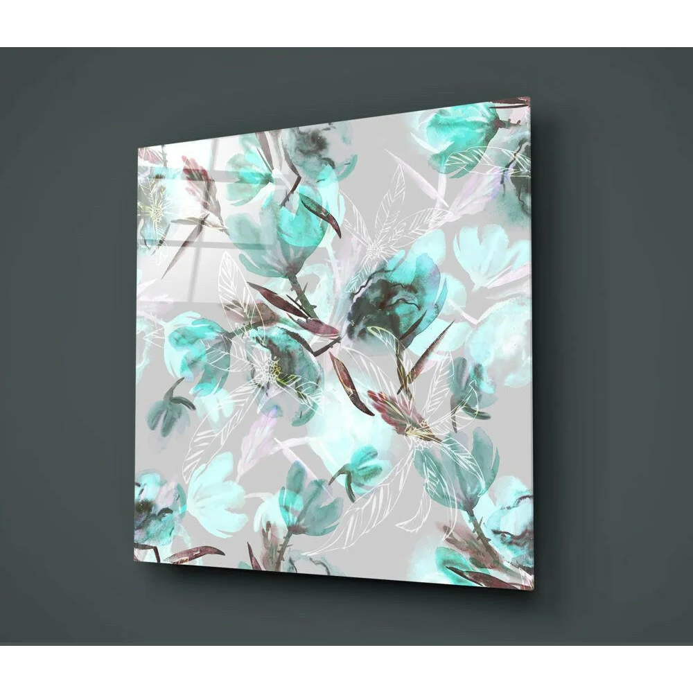 Stunning mint teal floral glass wall art with glossy shine