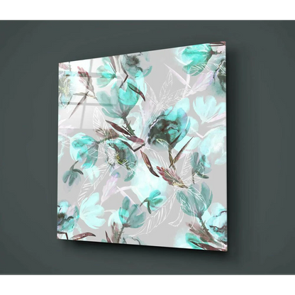 Stunning mint teal floral glass wall art with glossy shine