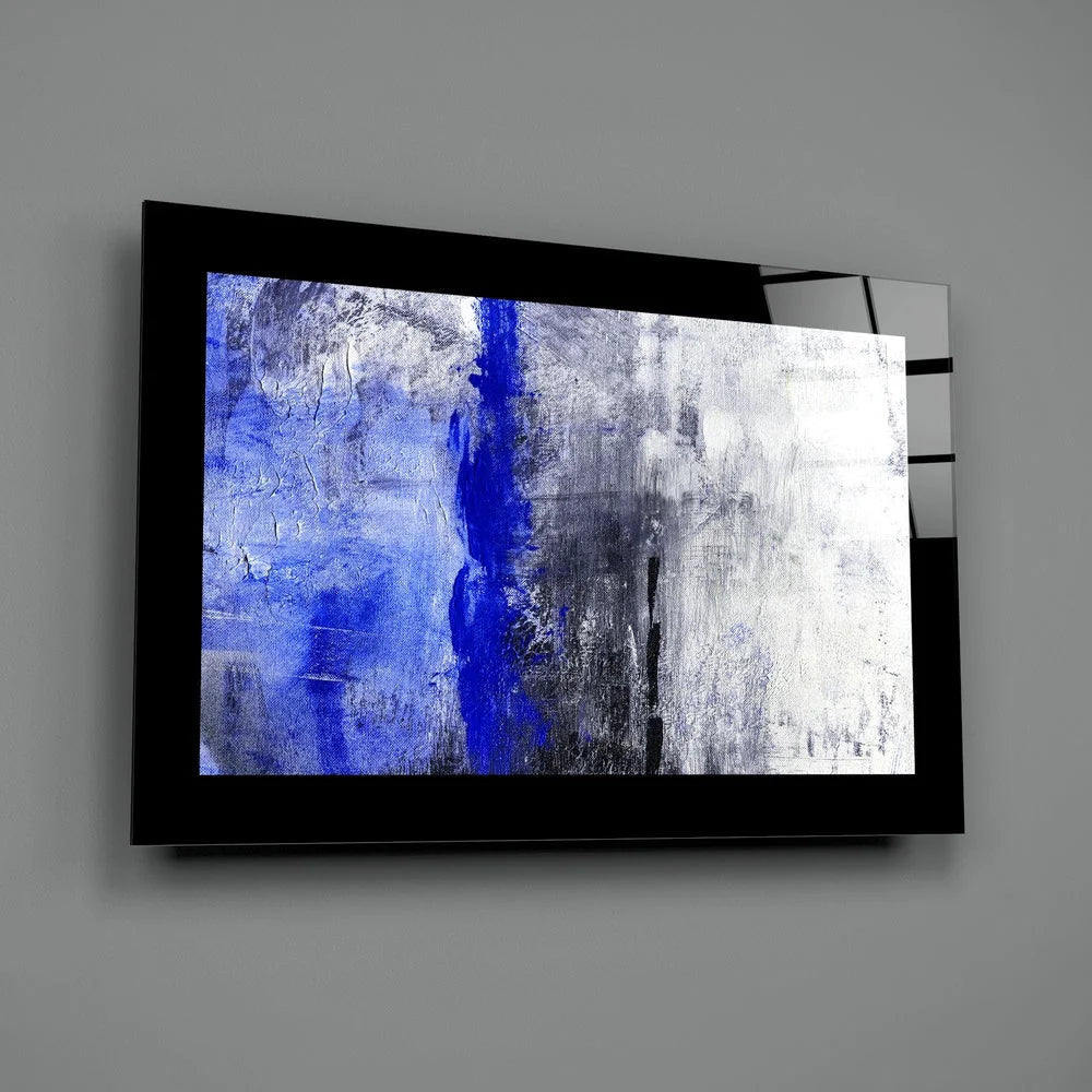 Stunning modern glass wall art with bold blue abstract design