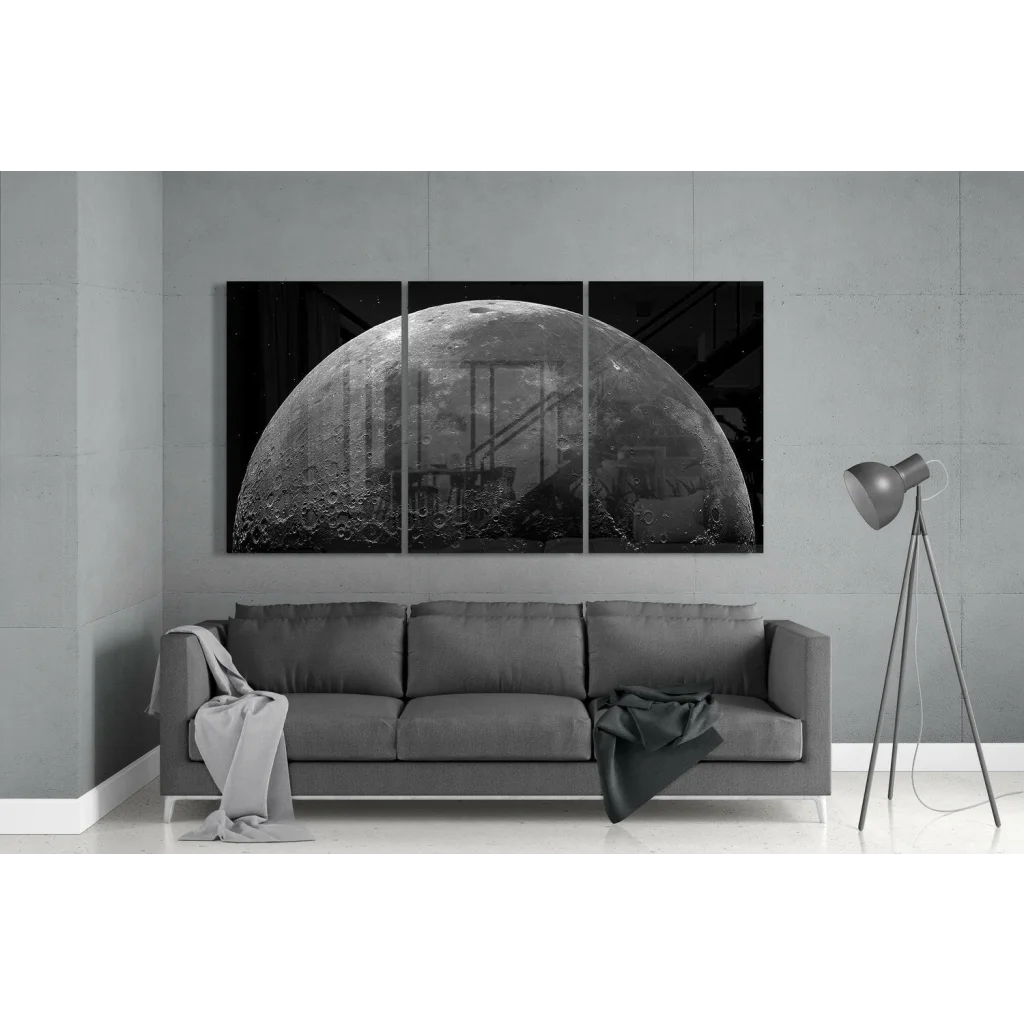 Black and white moon triptych wall art set with ladder design