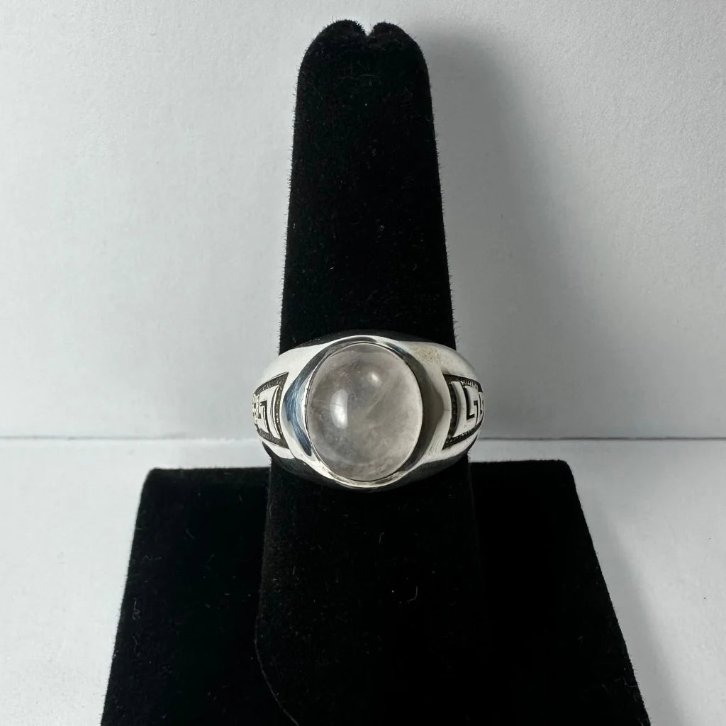 Stunning sterling silver moonstone ring with oval gem and geometric band