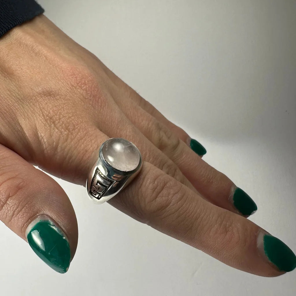 Stunning silver moonstone ring with geometric engraved band