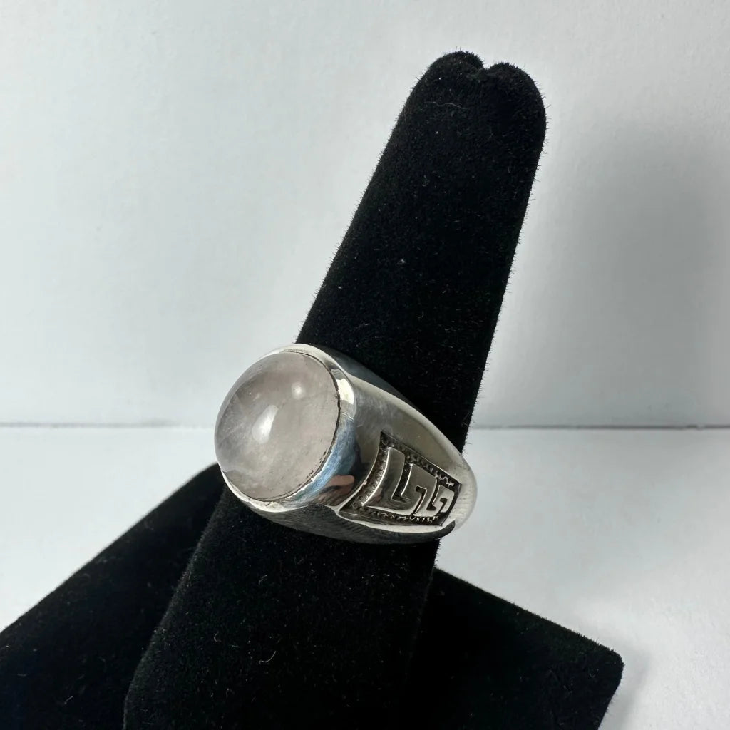 Stunning sterling silver moonstone ring with geometric engraving