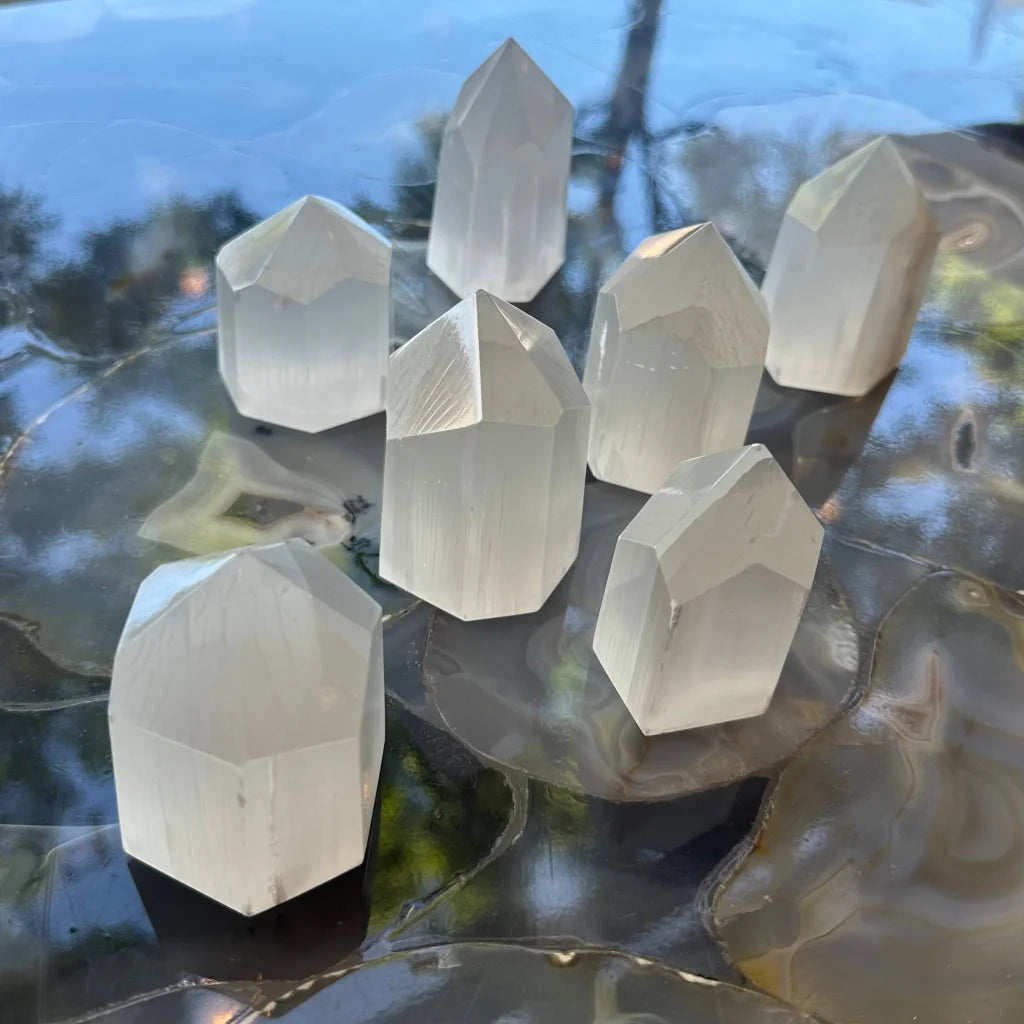 Stunning Moroccan selenite obelisk crystal tower, 210g clear quartz points