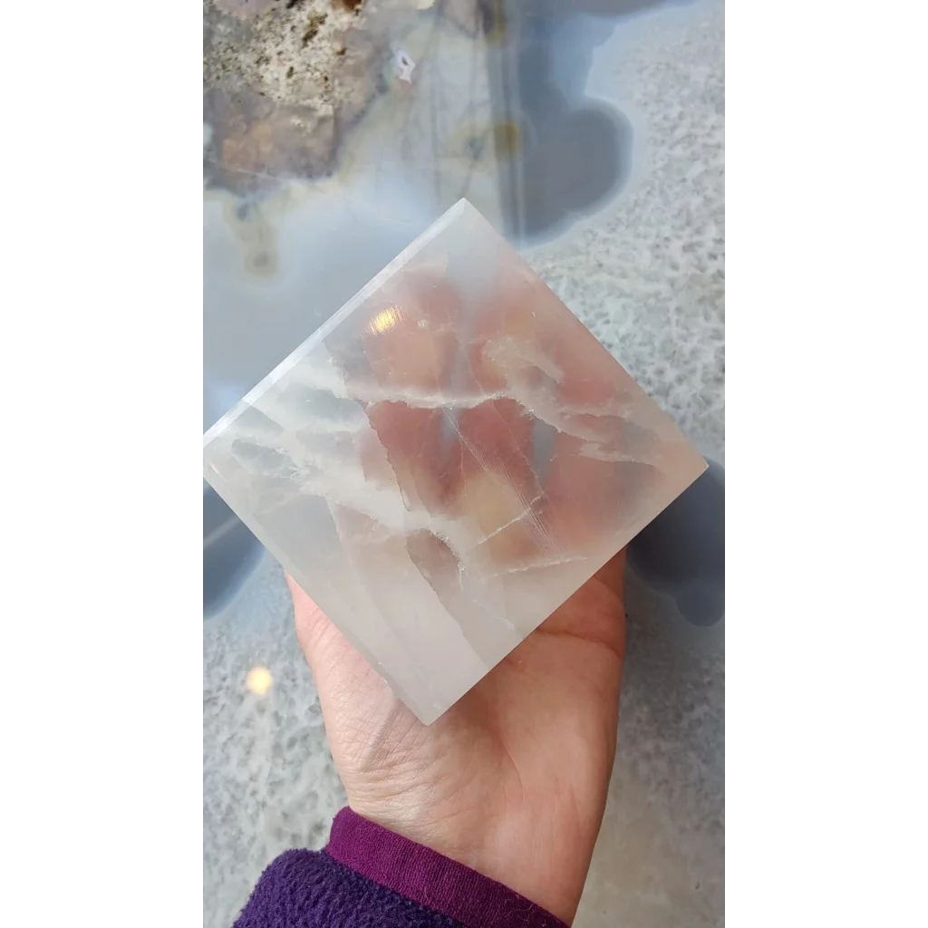 Stunning Moroccan selenite standing cube with pink white veining