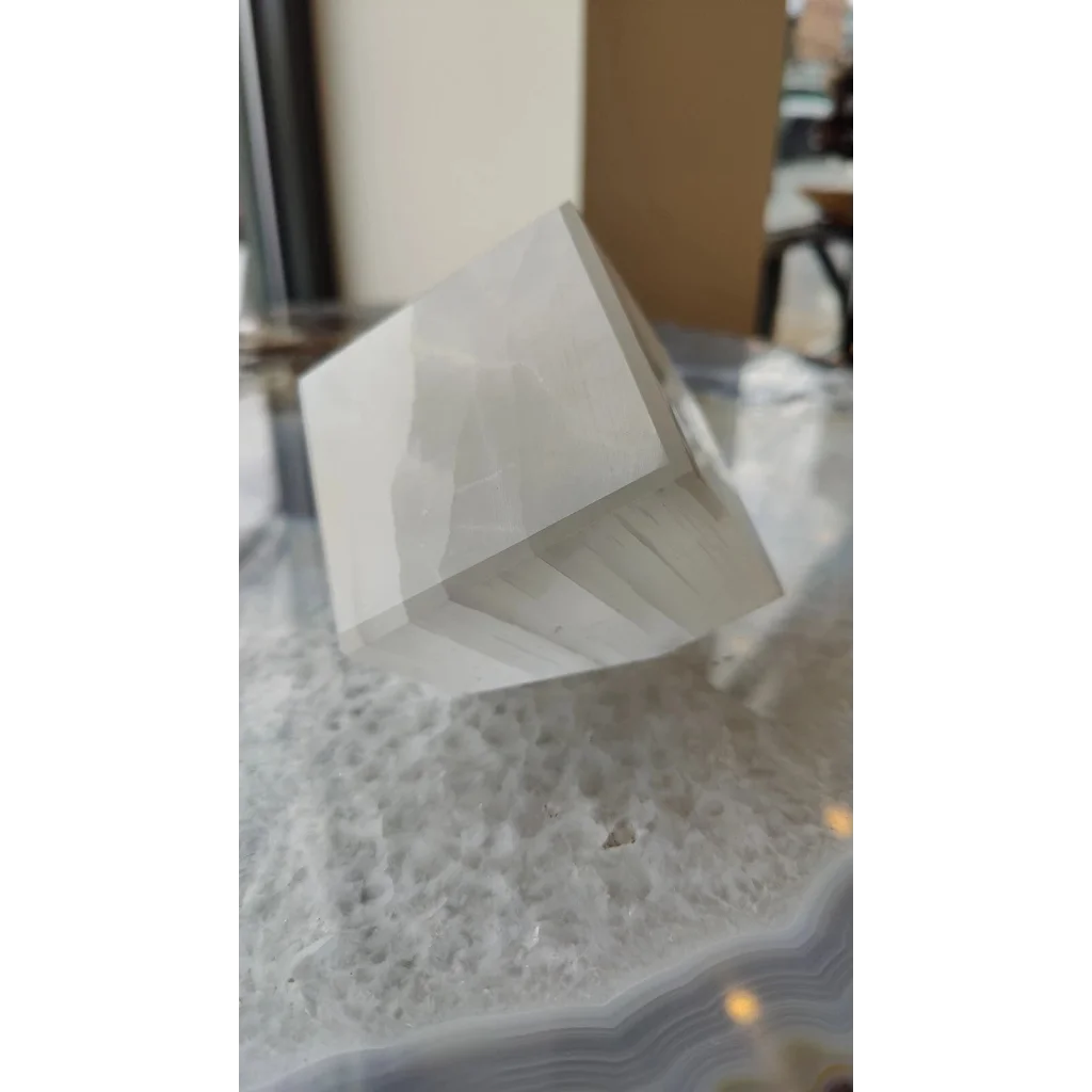 Stunning Moroccan selenite standing cube crystal with translucent facets
