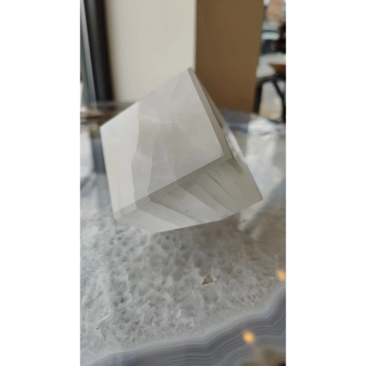 Stunning Moroccan selenite standing cube crystal with translucent facets