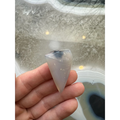 Stunning moss agate cabochon with dreamy blue veining